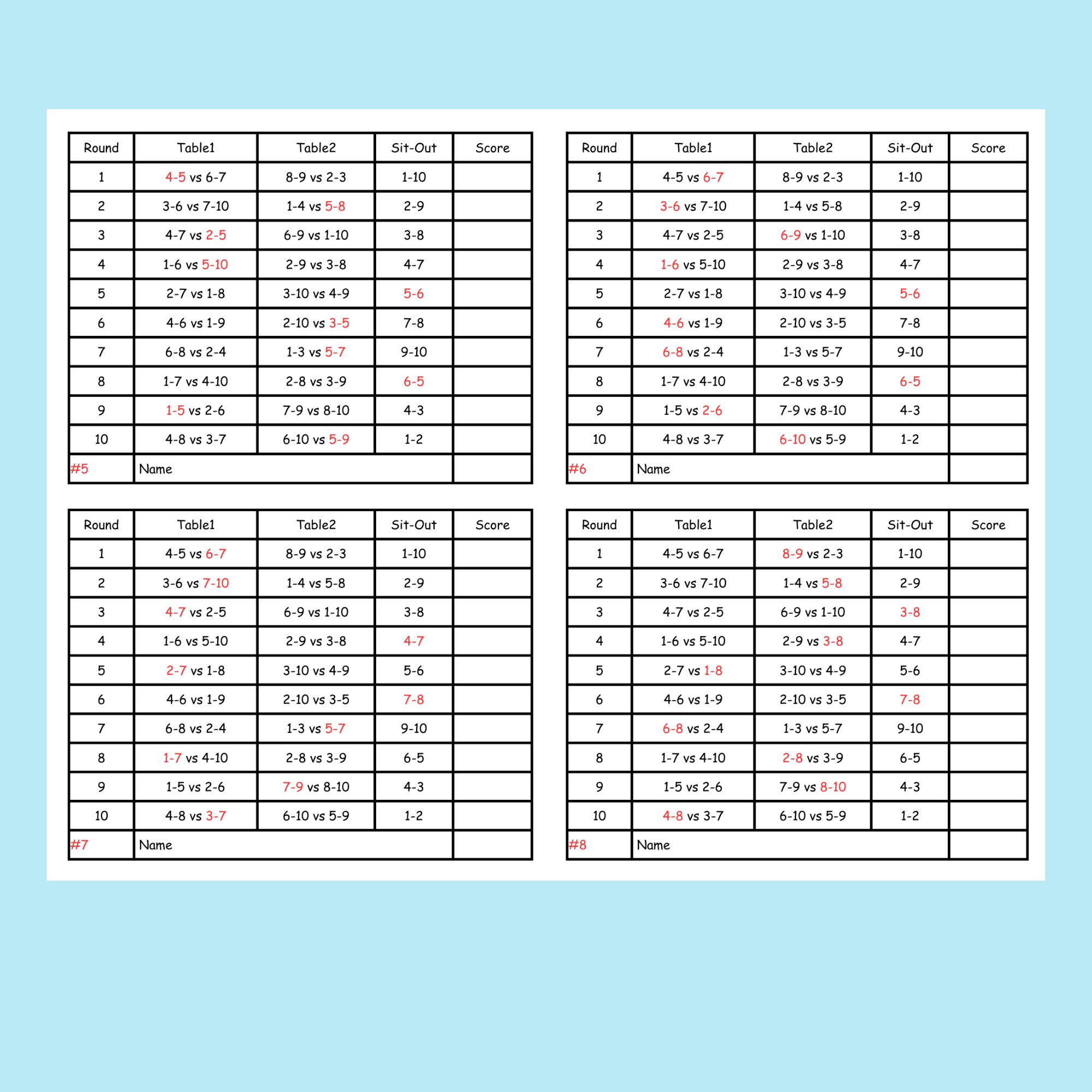 10 person euchre tournament rotation score card